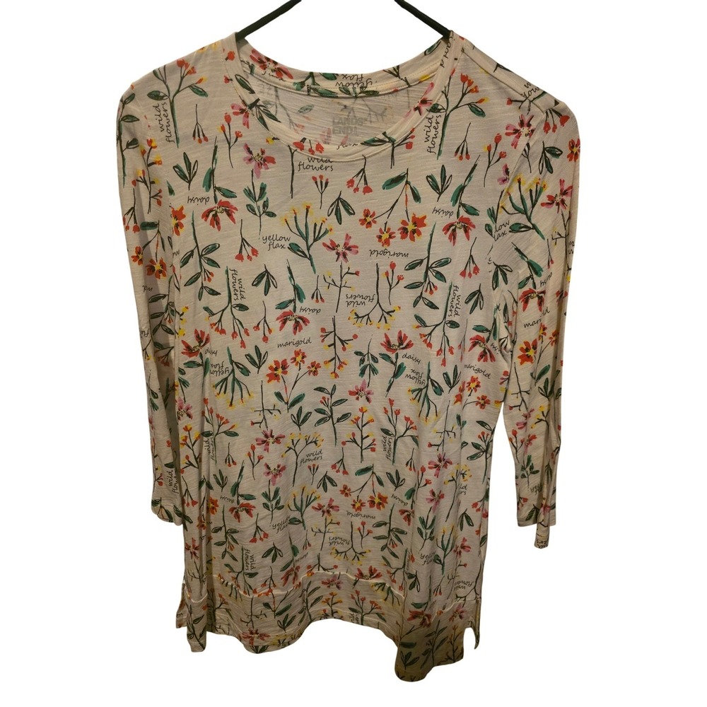 Lands End‎ Wildflower Print Long Sleeve Top Ivory Cotton Modal XS 2-4 Botanical